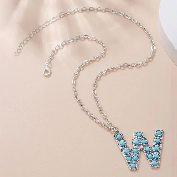 Alphabet Letter Name Initial Western Turquoise Faux Stone Silver Boho Necklace - Picture 8 of 11